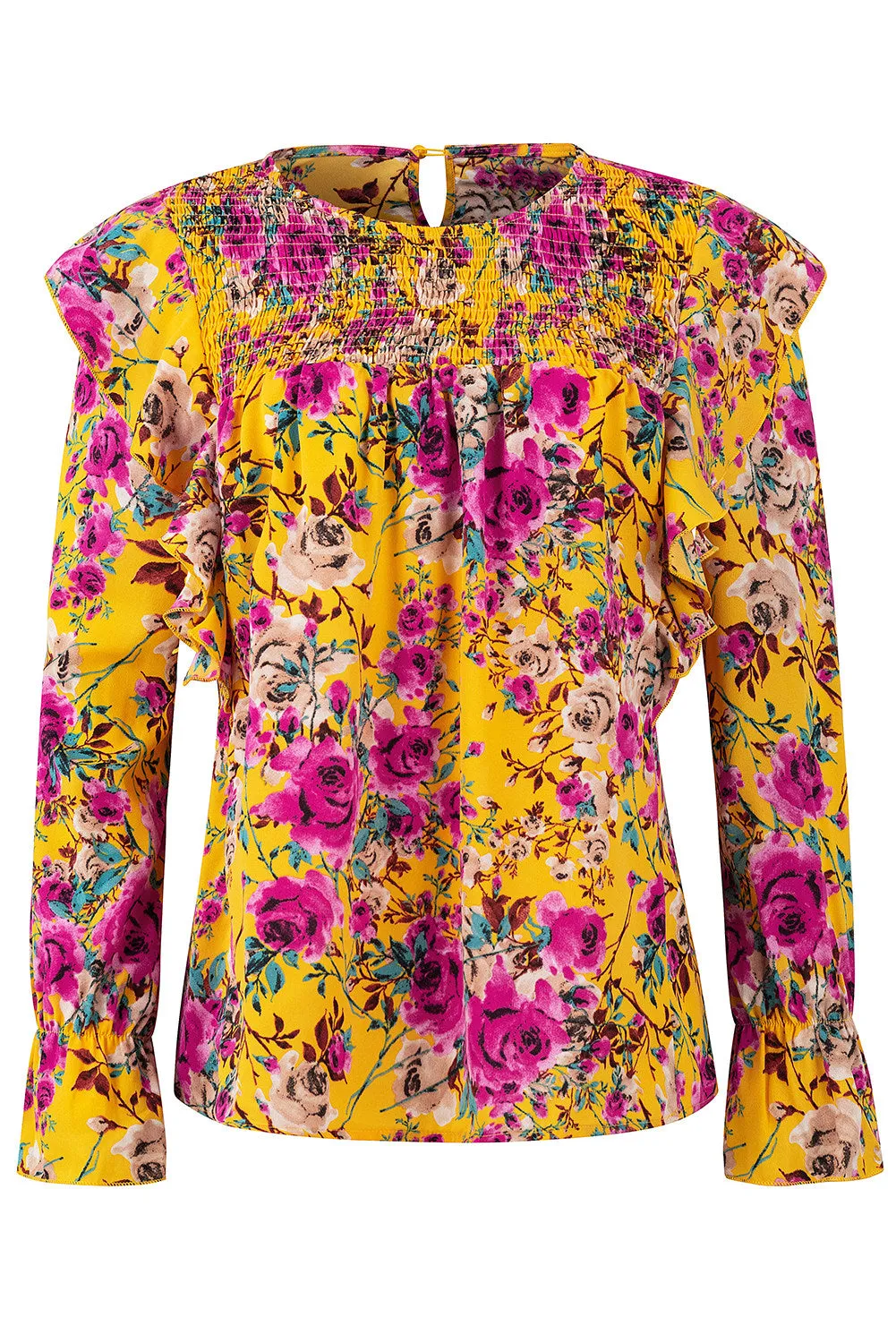 Women Floral Crew Neck Ruffle Sleeve Blouse