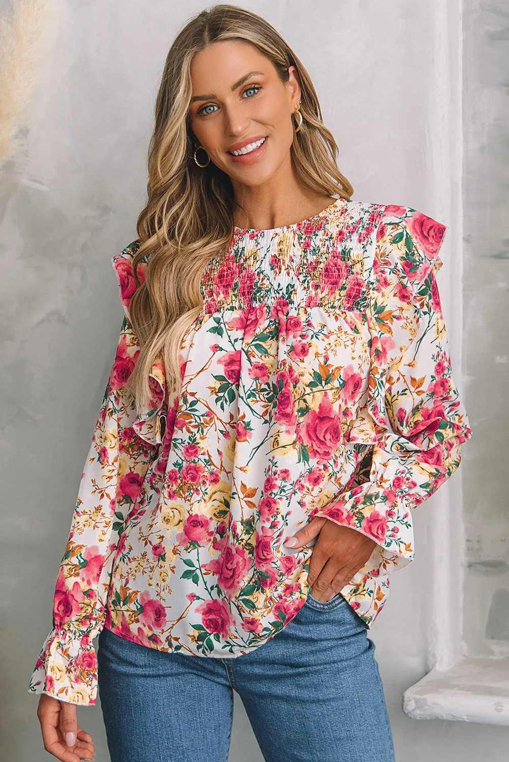 Women Floral Crew Neck Ruffle Sleeve Blouse