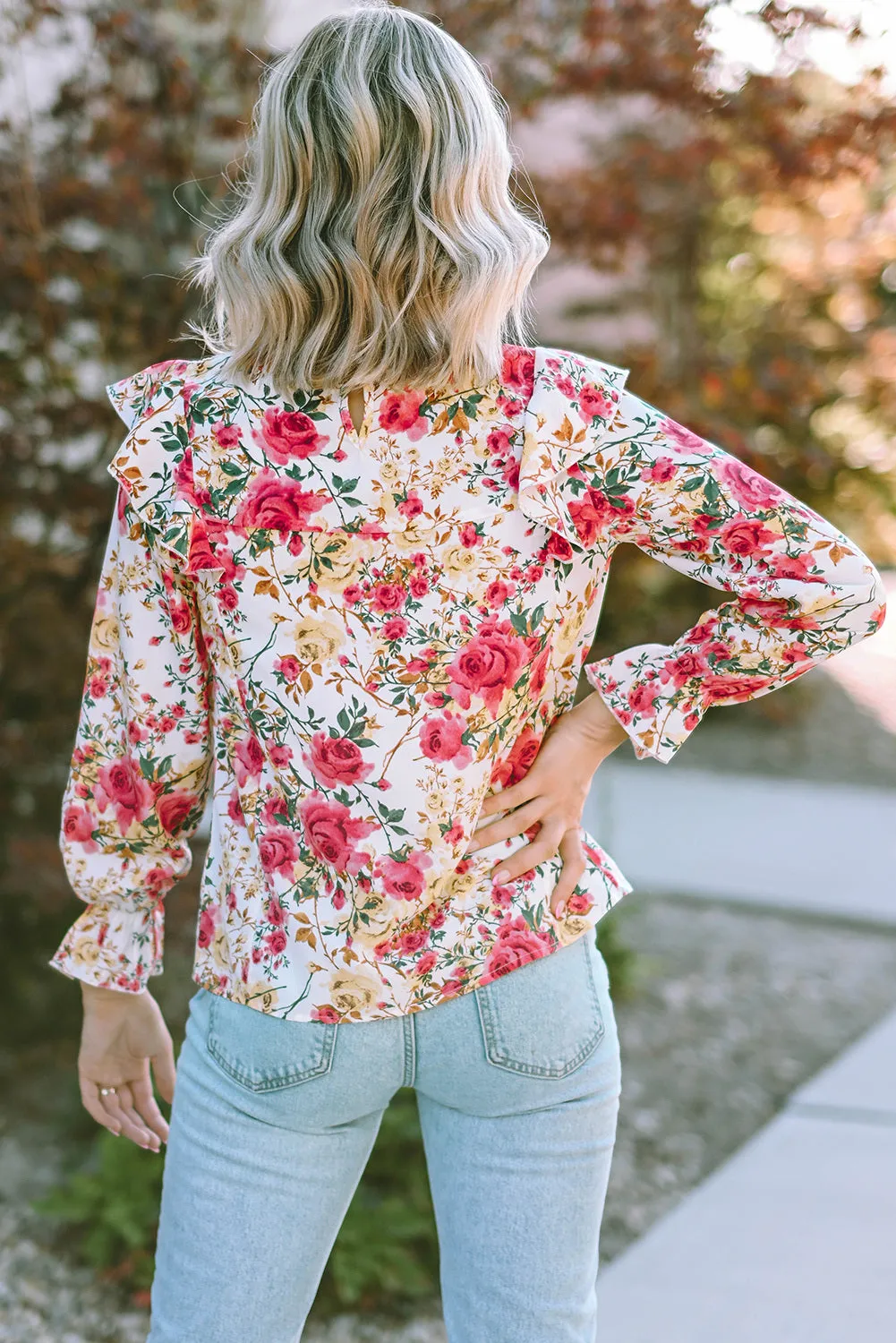 Women Floral Crew Neck Ruffle Sleeve Blouse