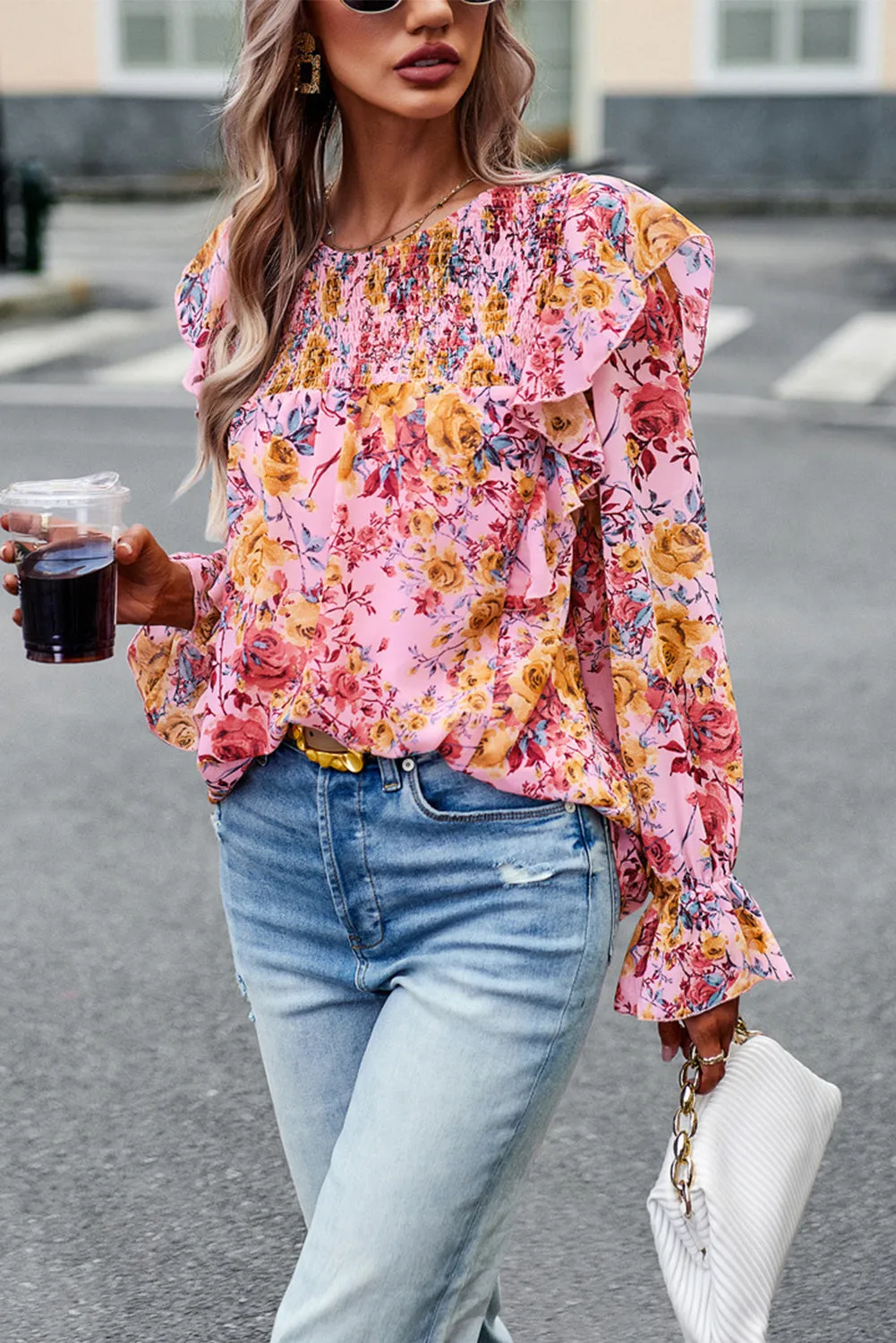 Women Floral Crew Neck Ruffle Sleeve Blouse