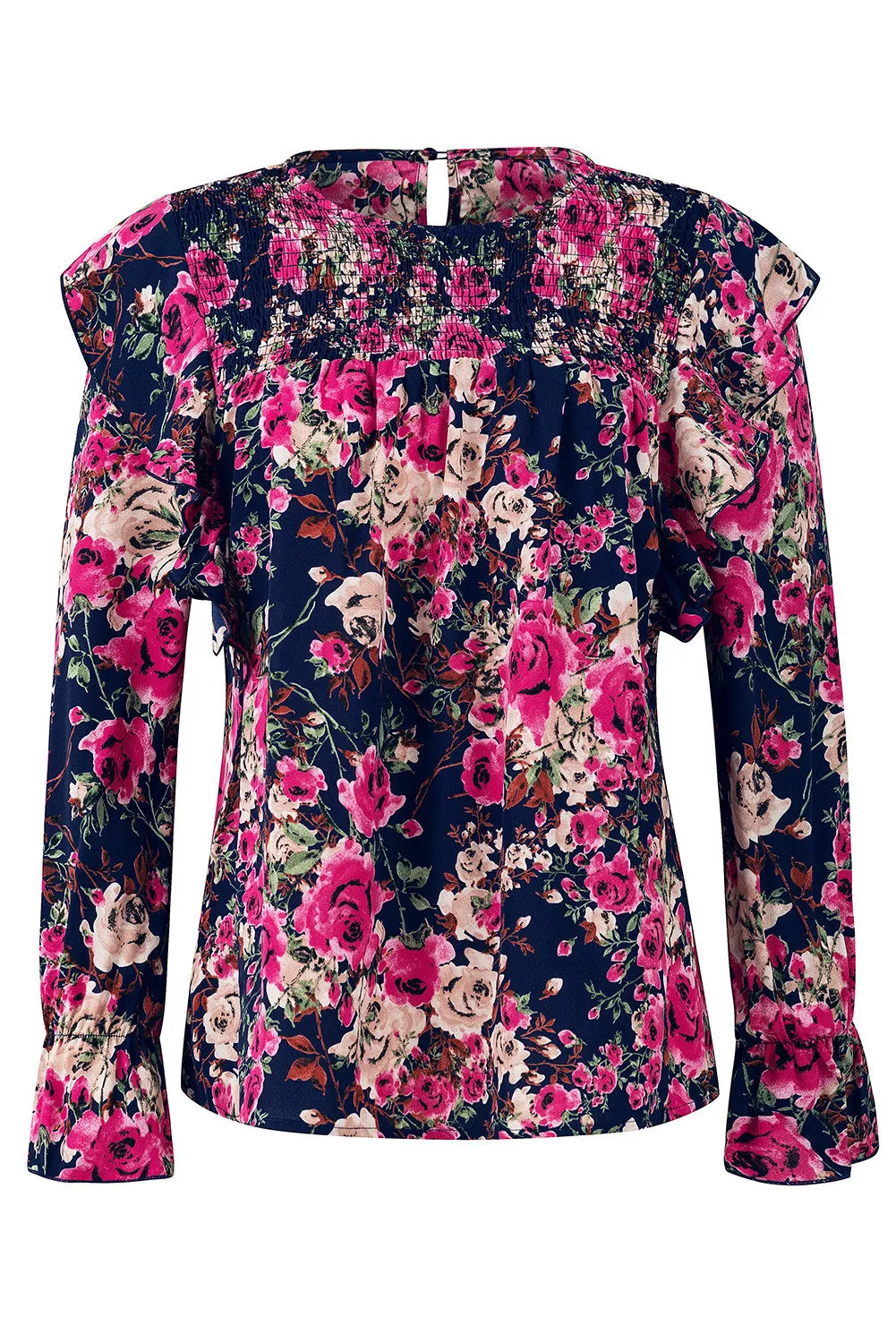 Women Floral Crew Neck Ruffle Sleeve Blouse