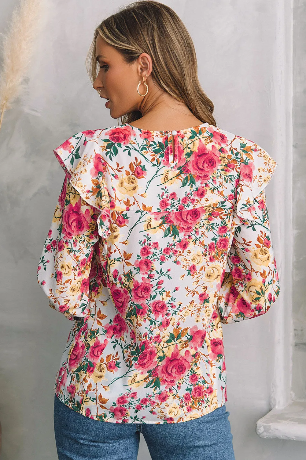 Women Floral Crew Neck Ruffle Sleeve Blouse