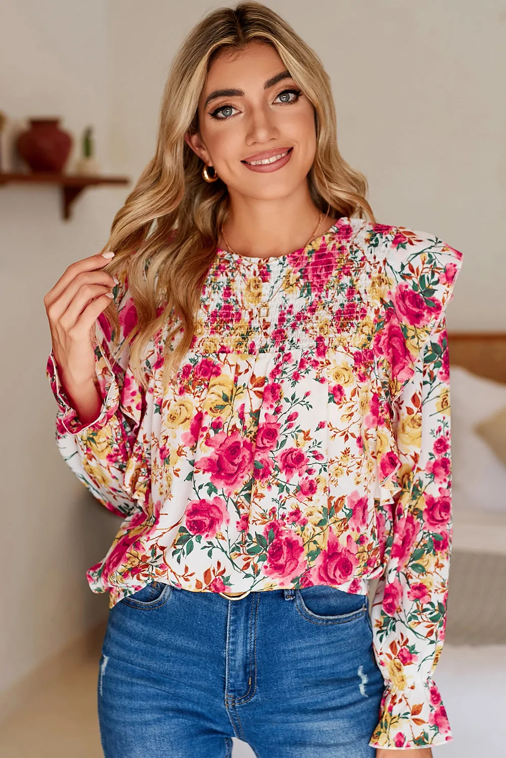 Women Floral Crew Neck Ruffle Sleeve Blouse