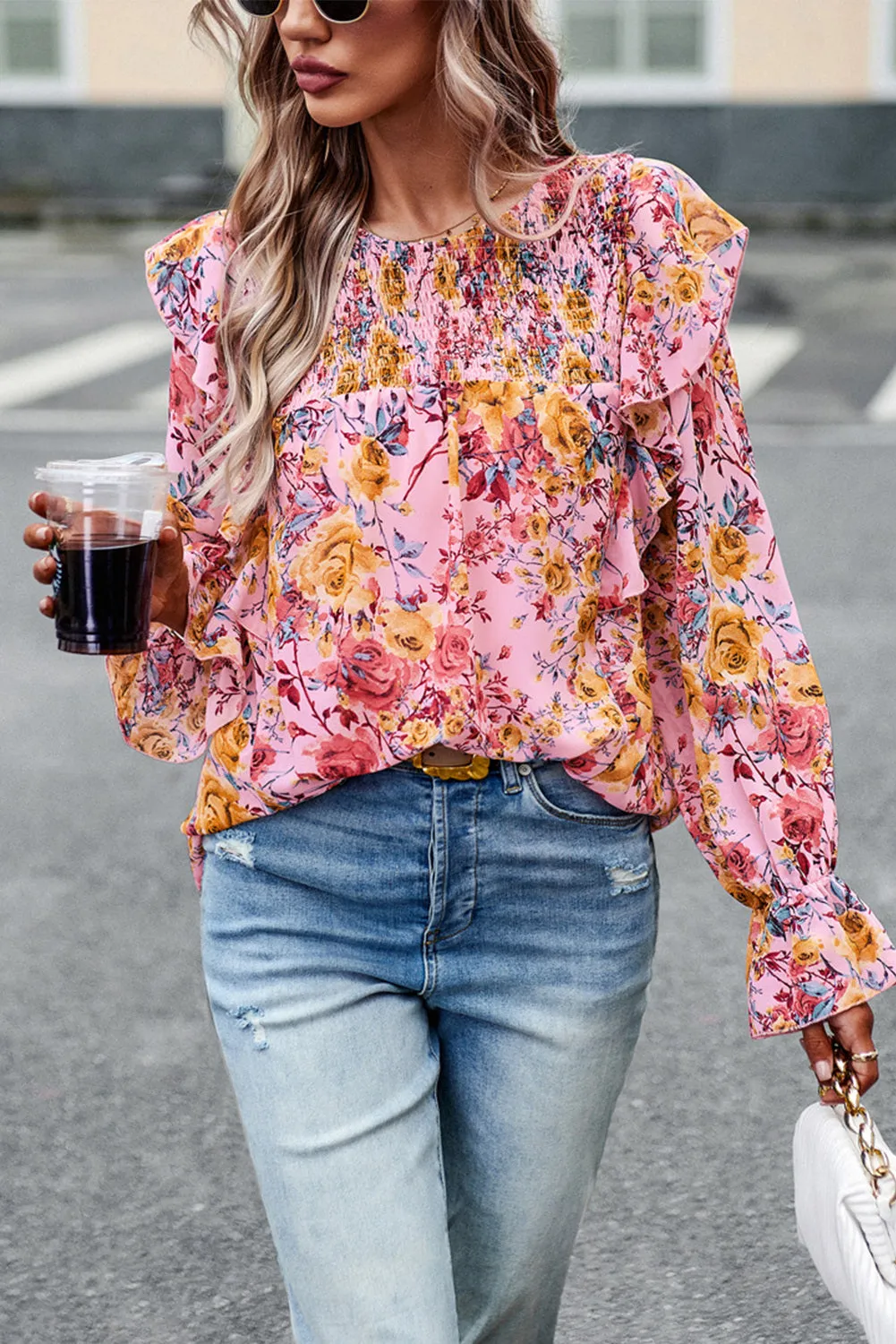 Women Floral Crew Neck Ruffle Sleeve Blouse