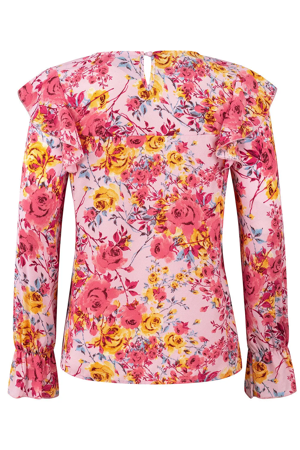 Women Floral Crew Neck Ruffle Sleeve Blouse