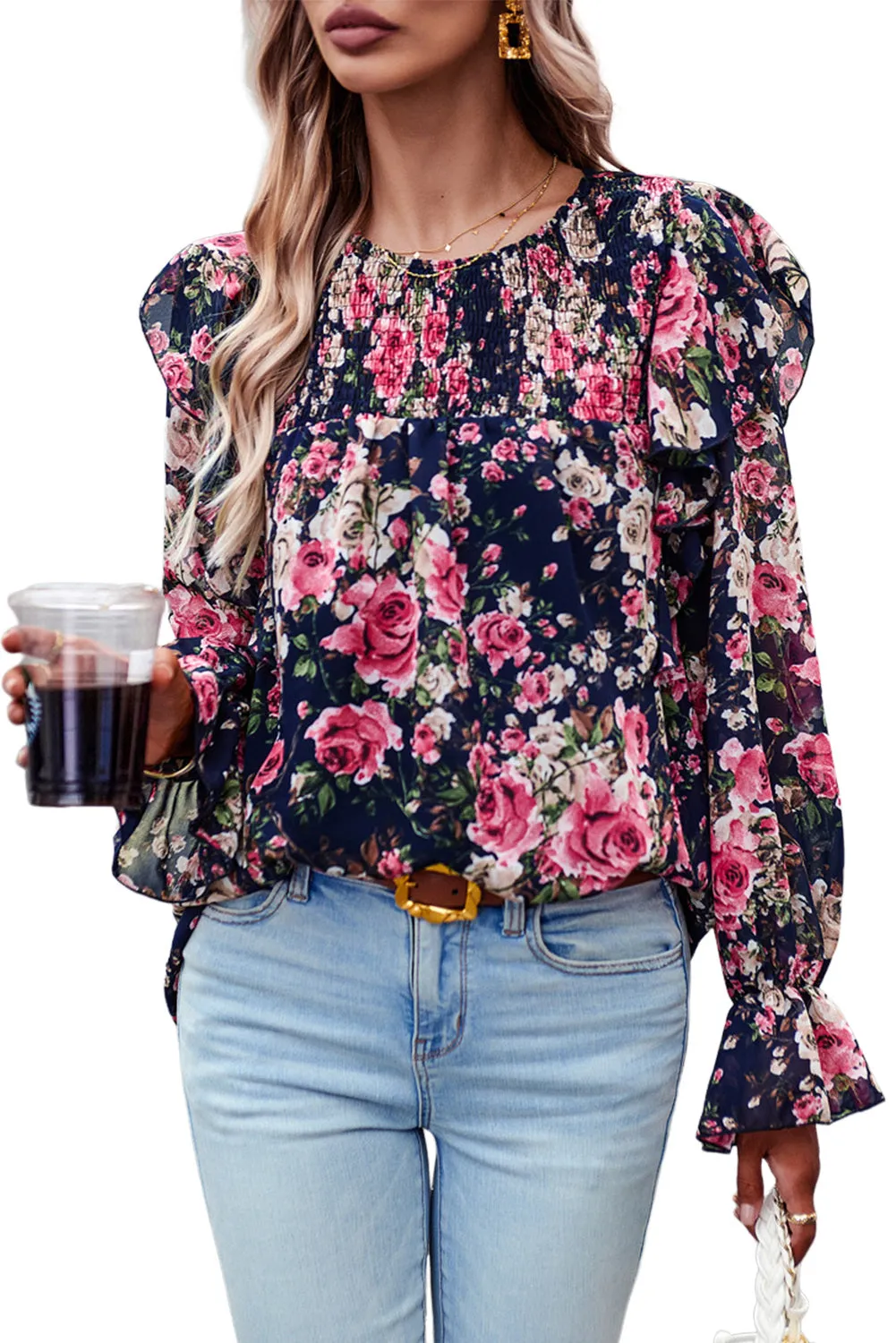 Women Floral Crew Neck Ruffle Sleeve Blouse