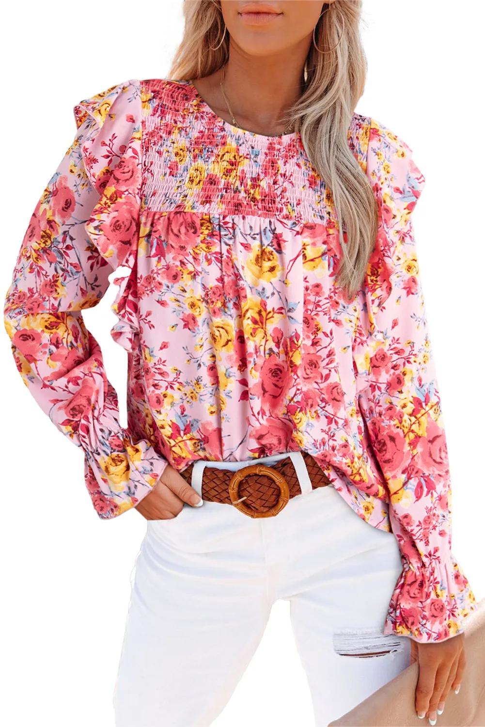 Women Floral Crew Neck Ruffle Sleeve Blouse