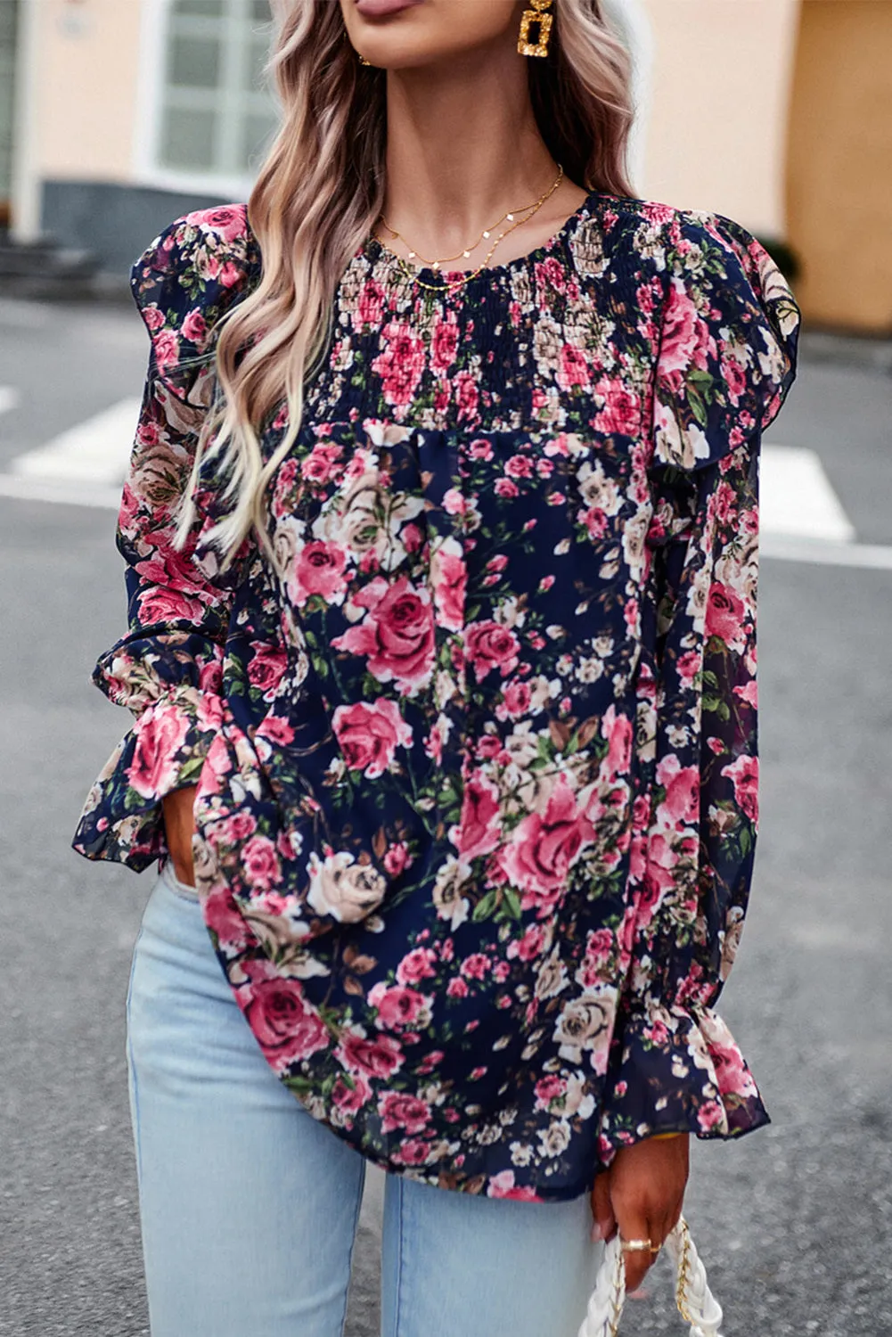 Women Floral Crew Neck Ruffle Sleeve Blouse