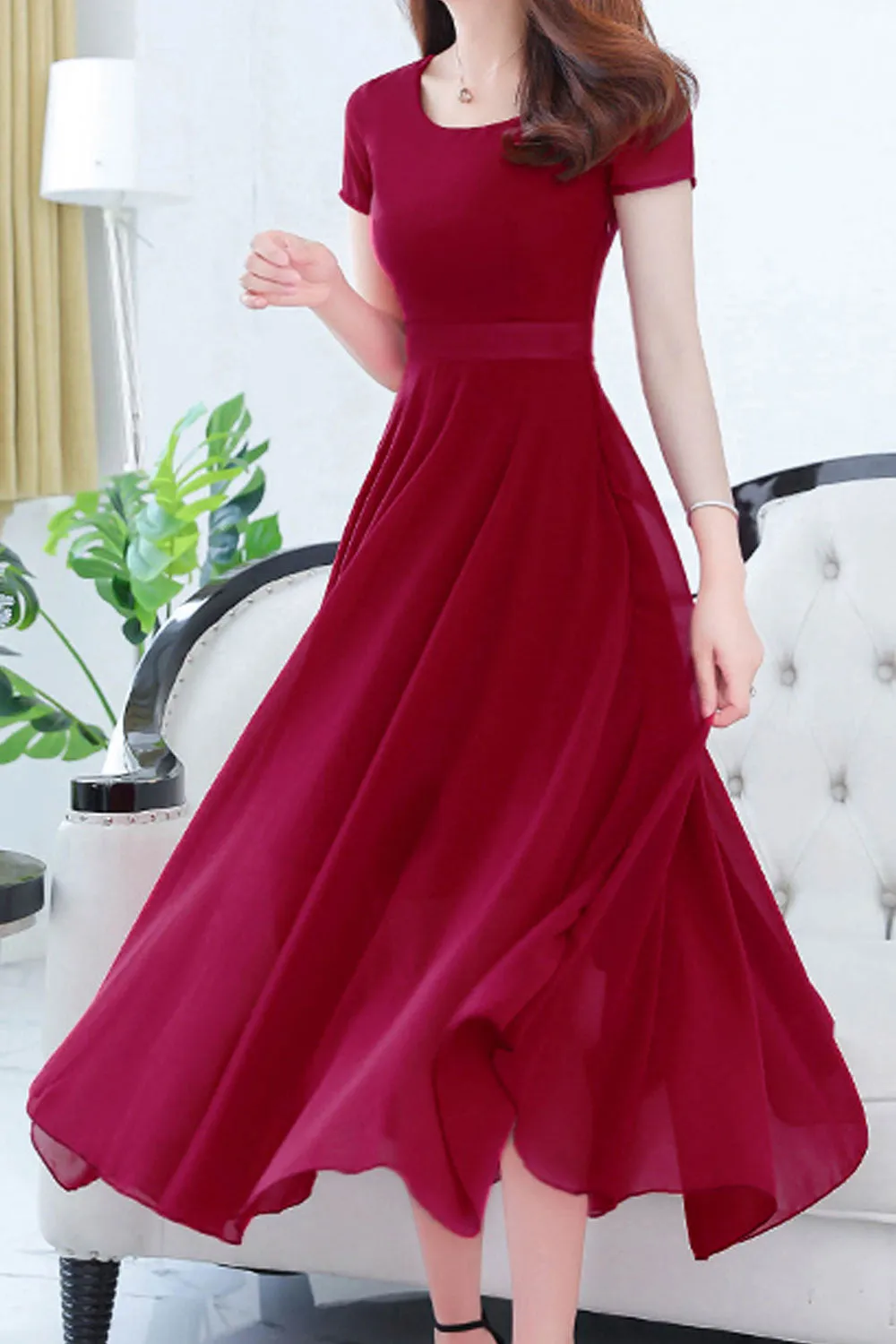 Women Short Sleeve Solid Color Fashion Swing Dress - C1602KMD