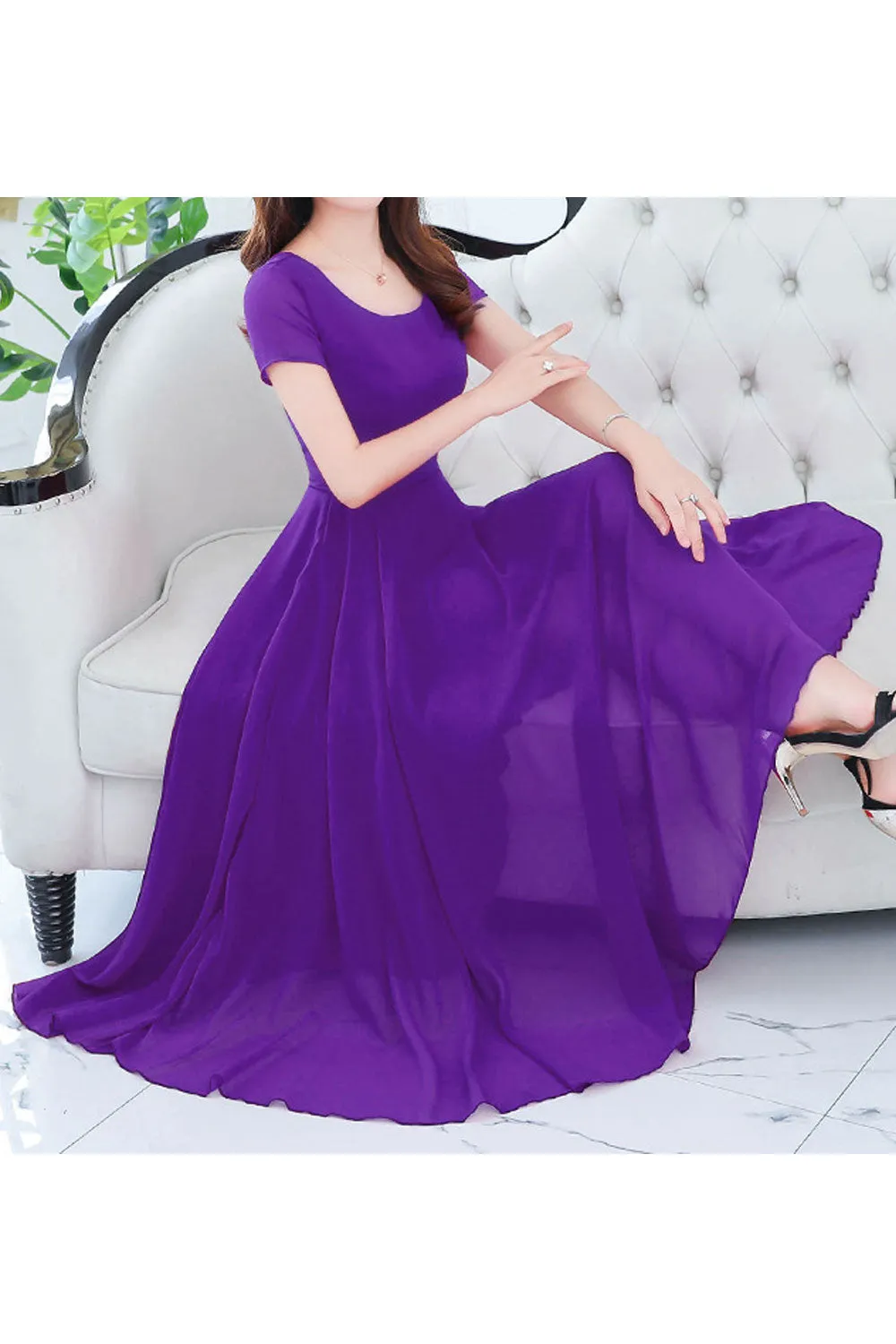 Women Short Sleeve Solid Color Fashion Swing Dress - C1602KMD