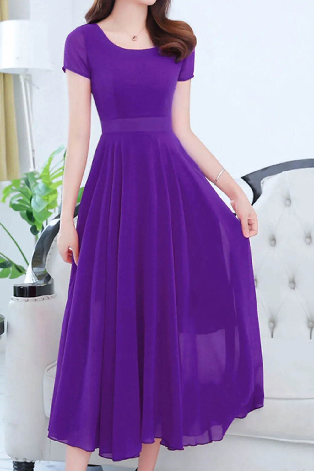 Women Short Sleeve Solid Color Fashion Swing Dress - C1602KMD