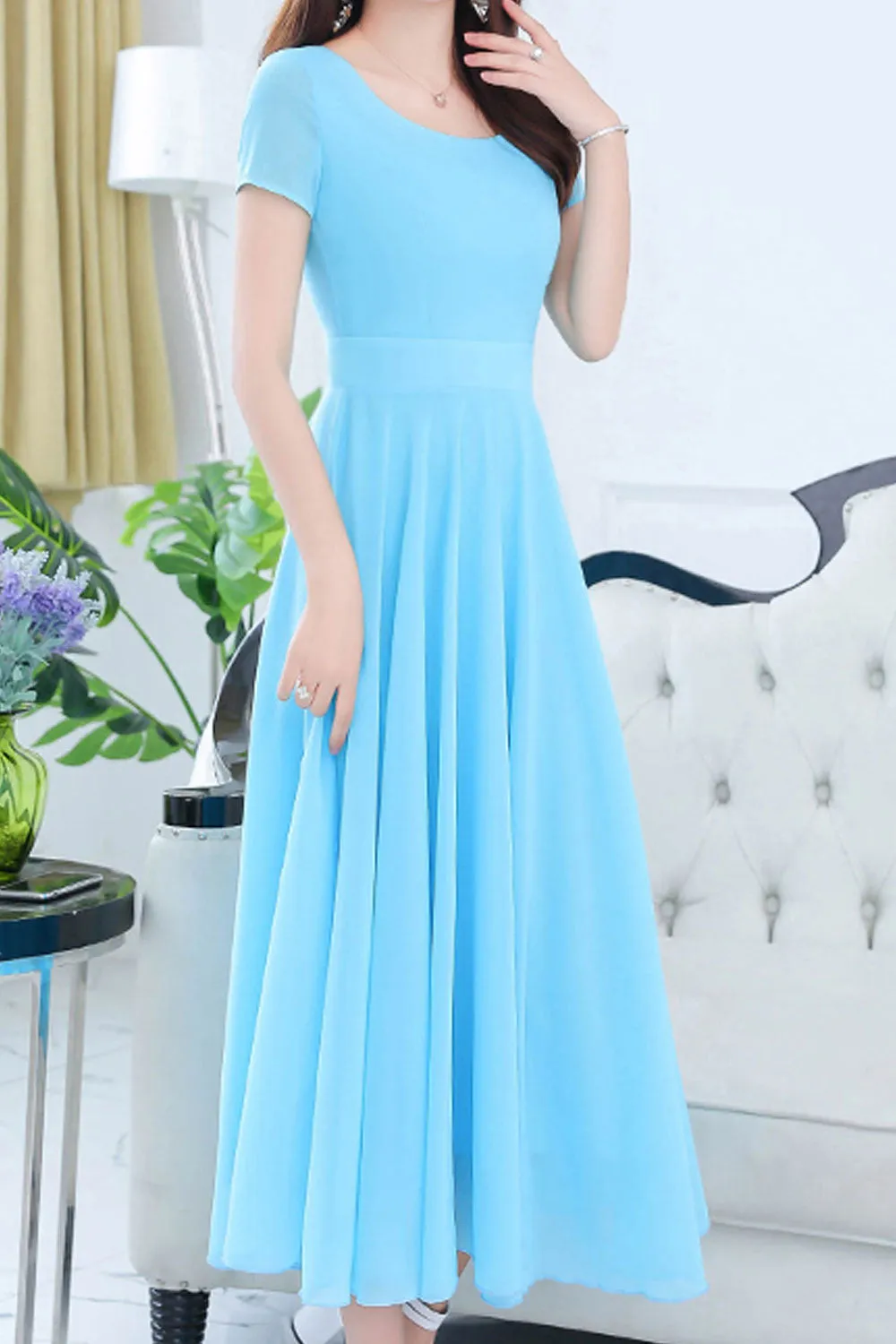 Women Short Sleeve Solid Color Fashion Swing Dress - C1602KMD