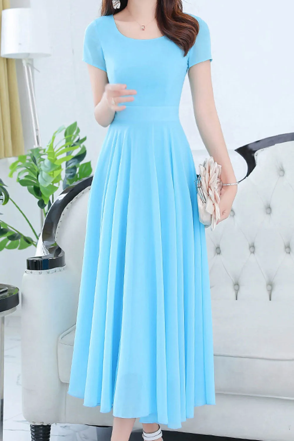 Women Short Sleeve Solid Color Fashion Swing Dress - C1602KMD