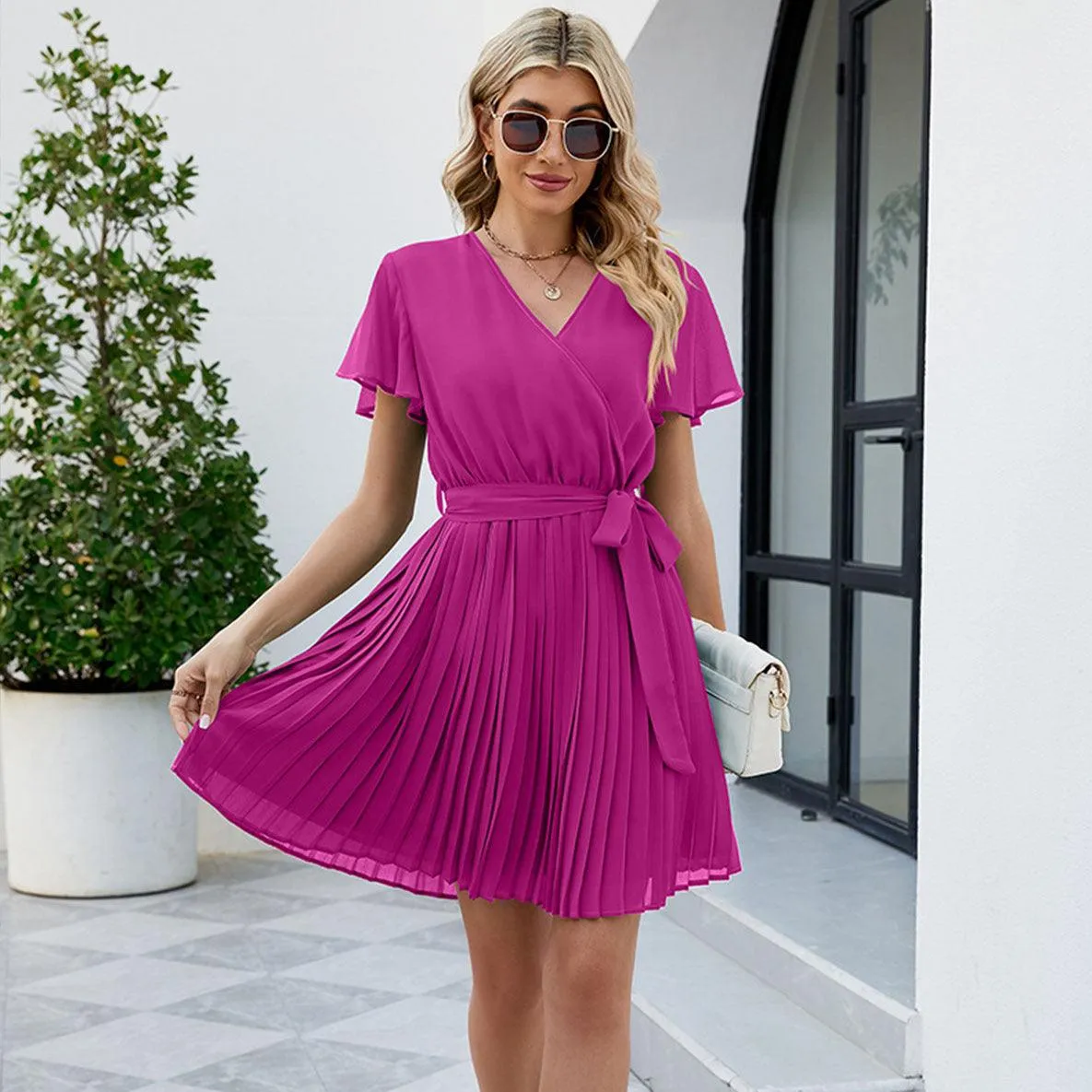 Women's Fashion V-neck Pleated Skirt Lacing Chiffon Short Sleeve Dress