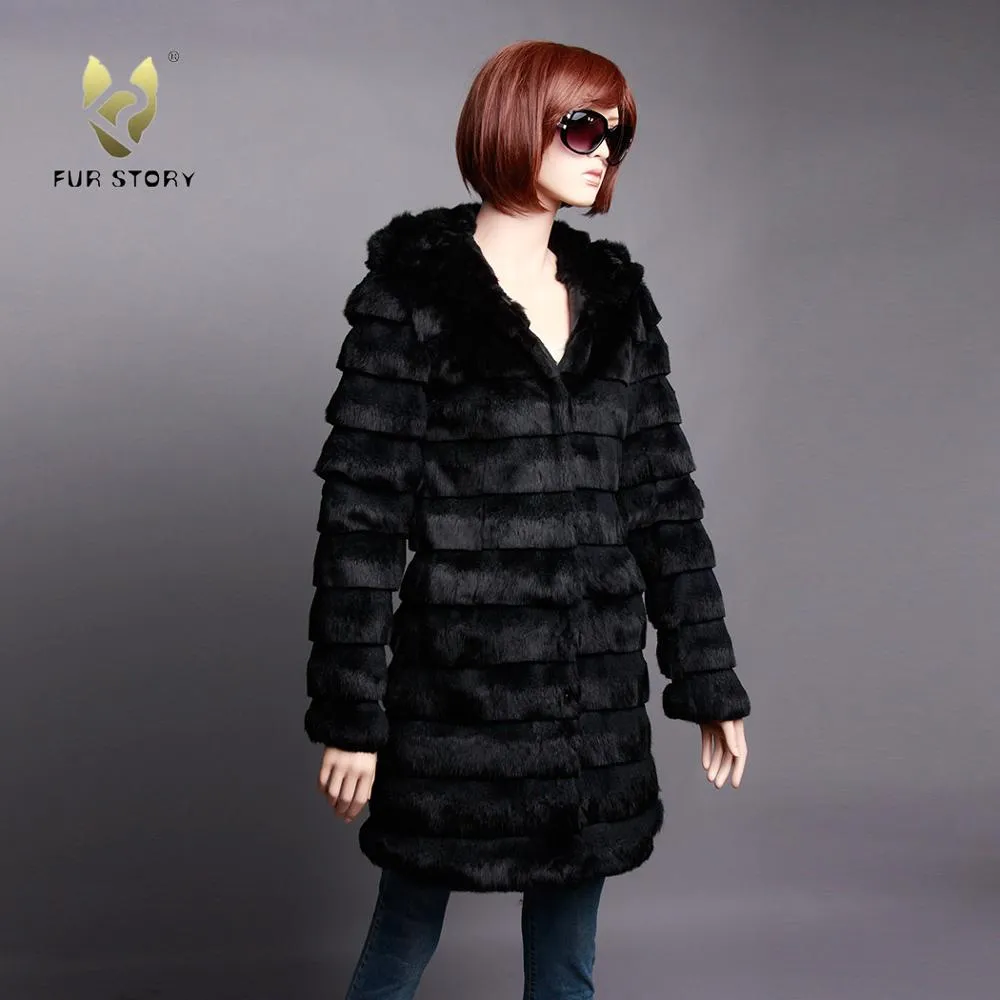 Women's Genuine Rabbit Fur Coat Women with Big Hoodie Outwear 151255