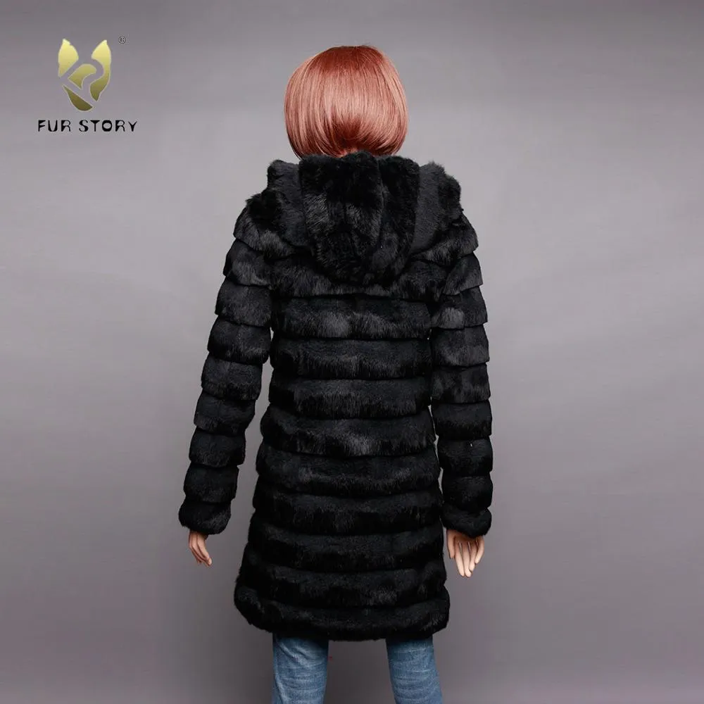 Women's Genuine Rabbit Fur Coat Women with Big Hoodie Outwear 151255