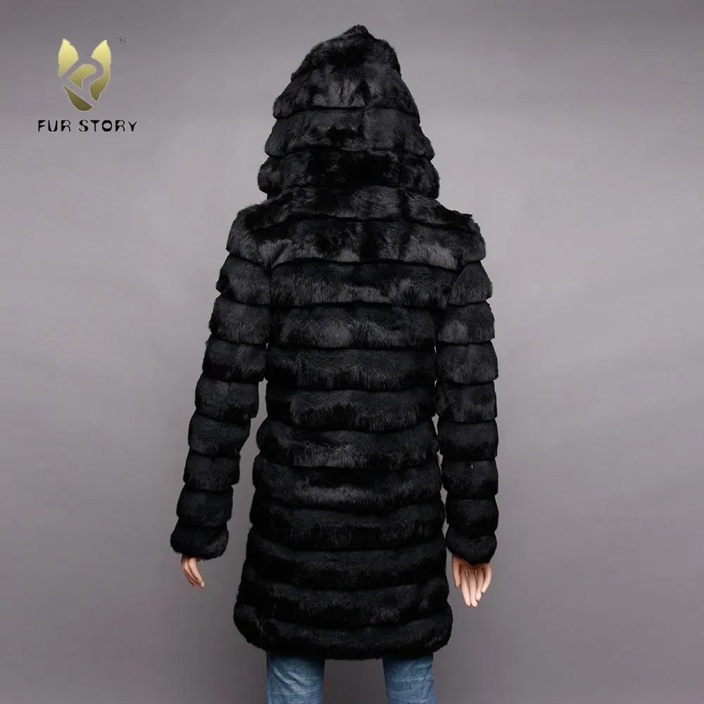 Women's Genuine Rabbit Fur Coat Women with Big Hoodie Outwear 151255