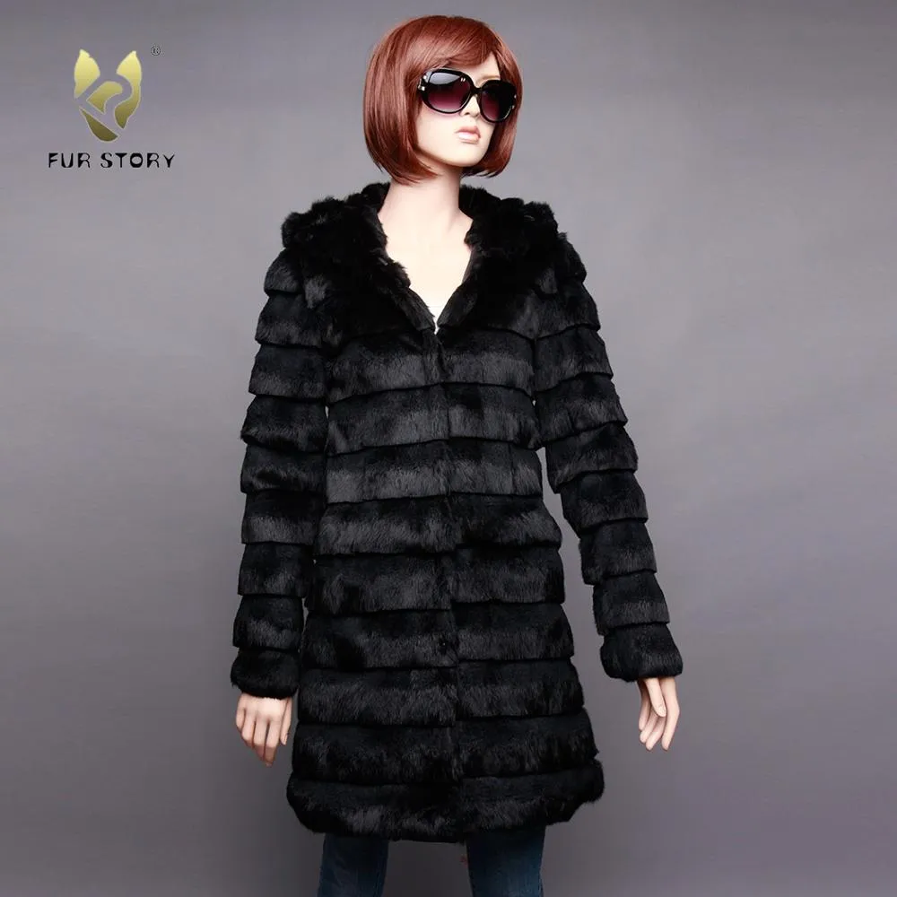 Women's Genuine Rabbit Fur Coat Women with Big Hoodie Outwear 151255