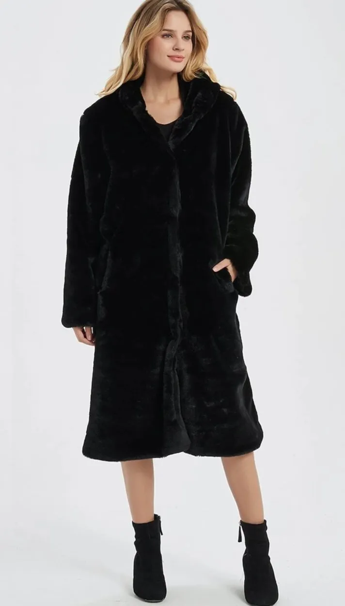 Womens Hooded Faux Fur Coat with Pockets