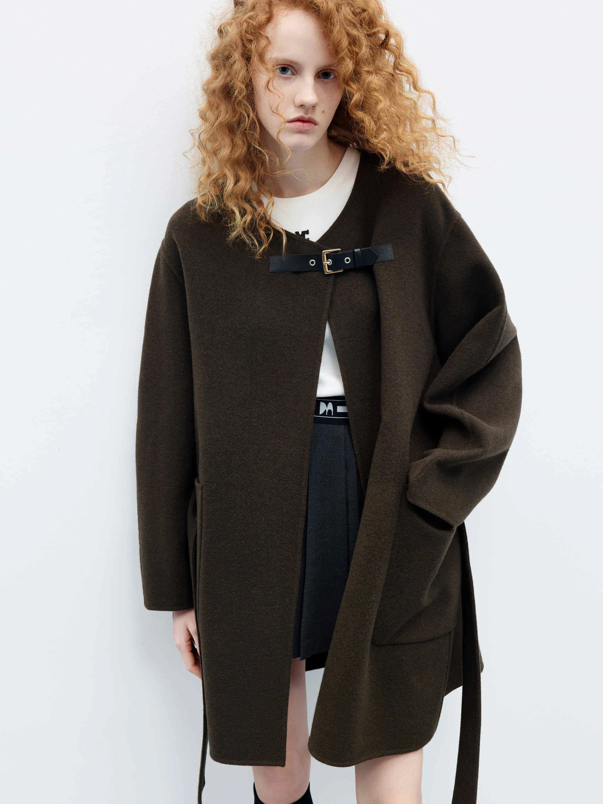 Wool Collarless Midi Coat