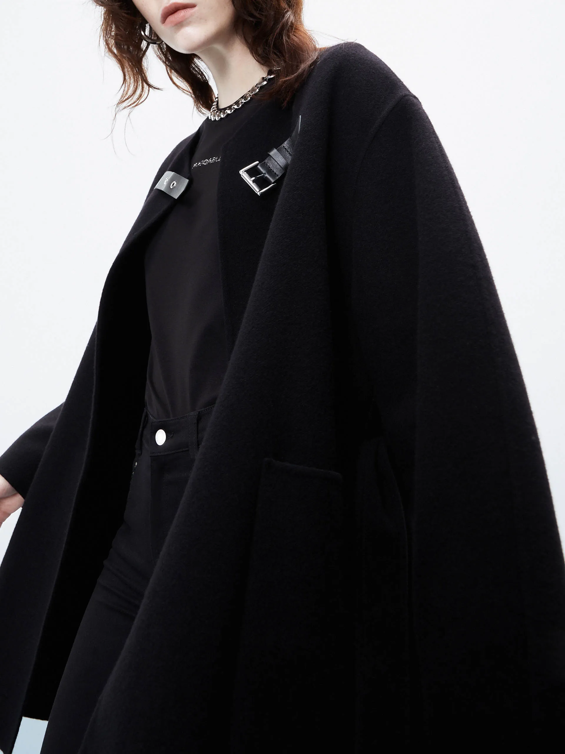 Wool Collarless Midi Coat