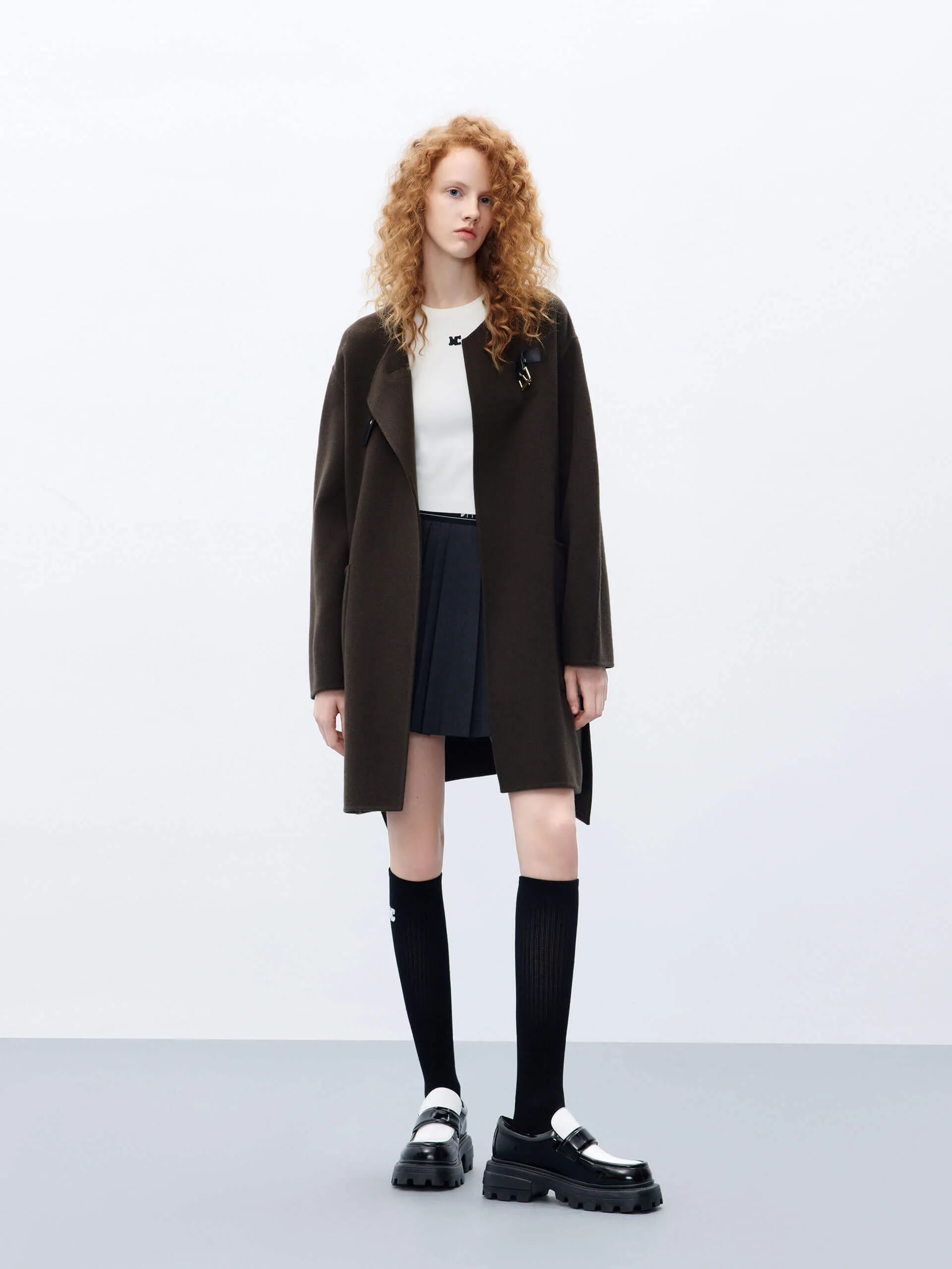 Wool Collarless Midi Coat