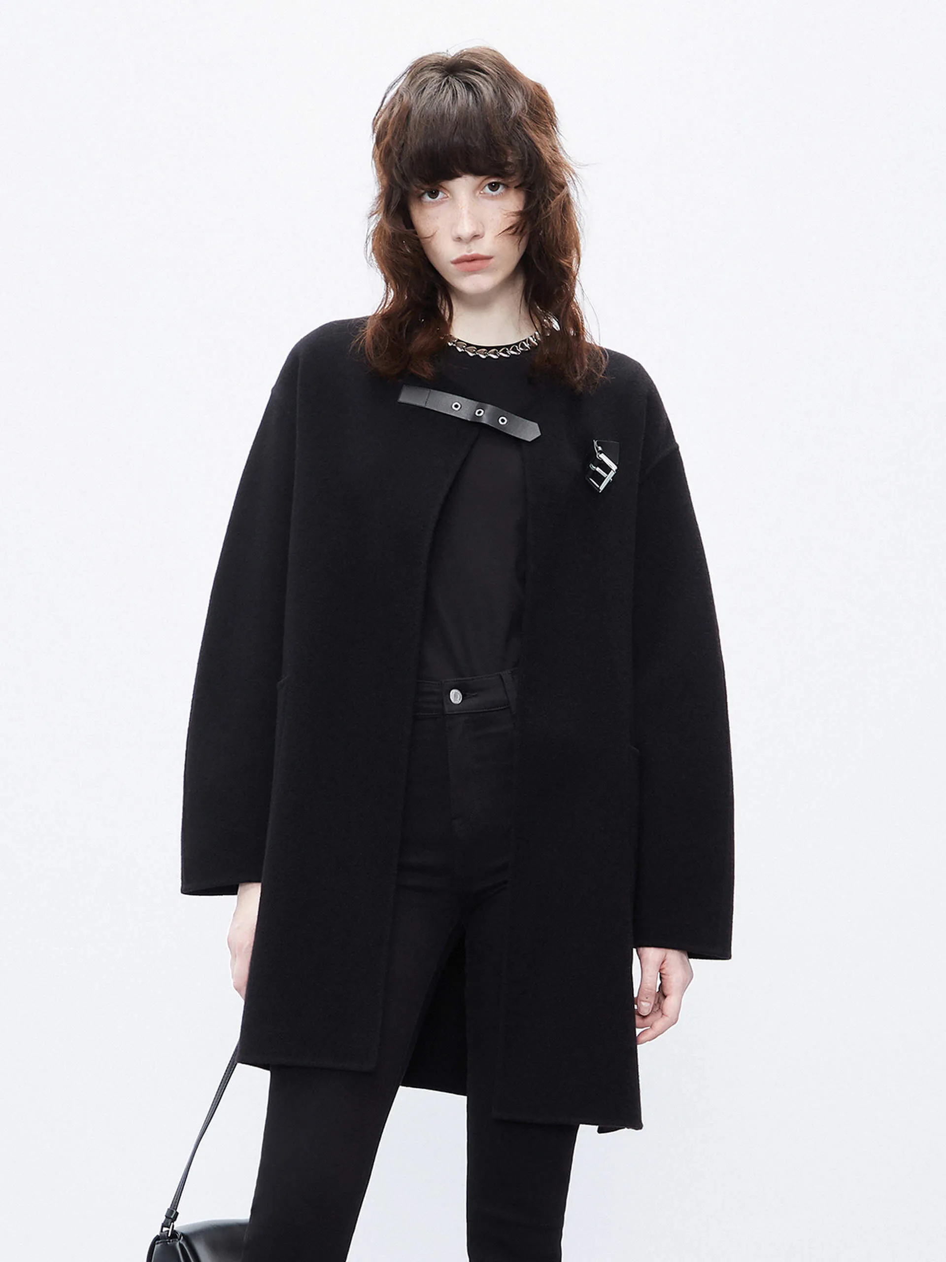 Wool Collarless Midi Coat